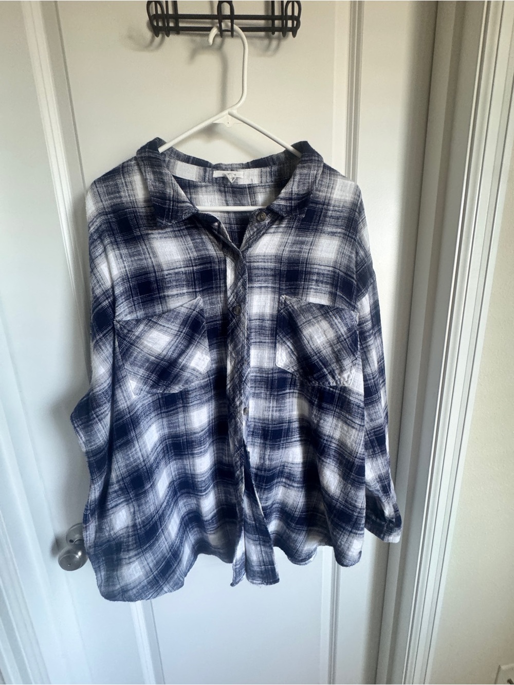 Navy and White Plaid Button-Up Shirt Women’s Casual Flannel